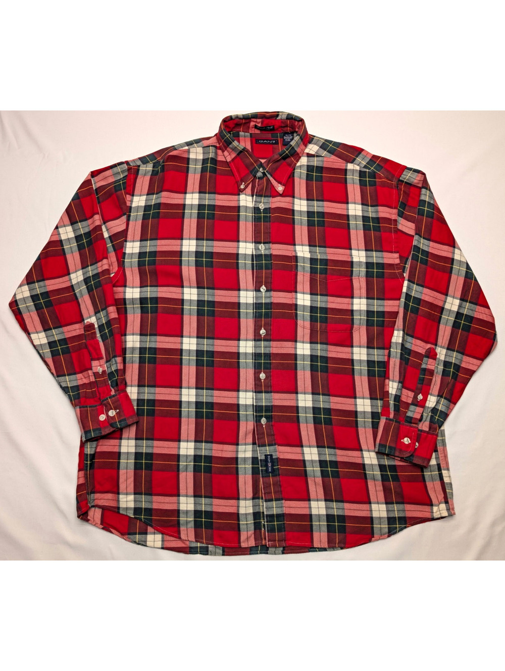VTG GANT Rough Twill Cotton Red Green Plaid Button Up Long Sleeve Shirt XL